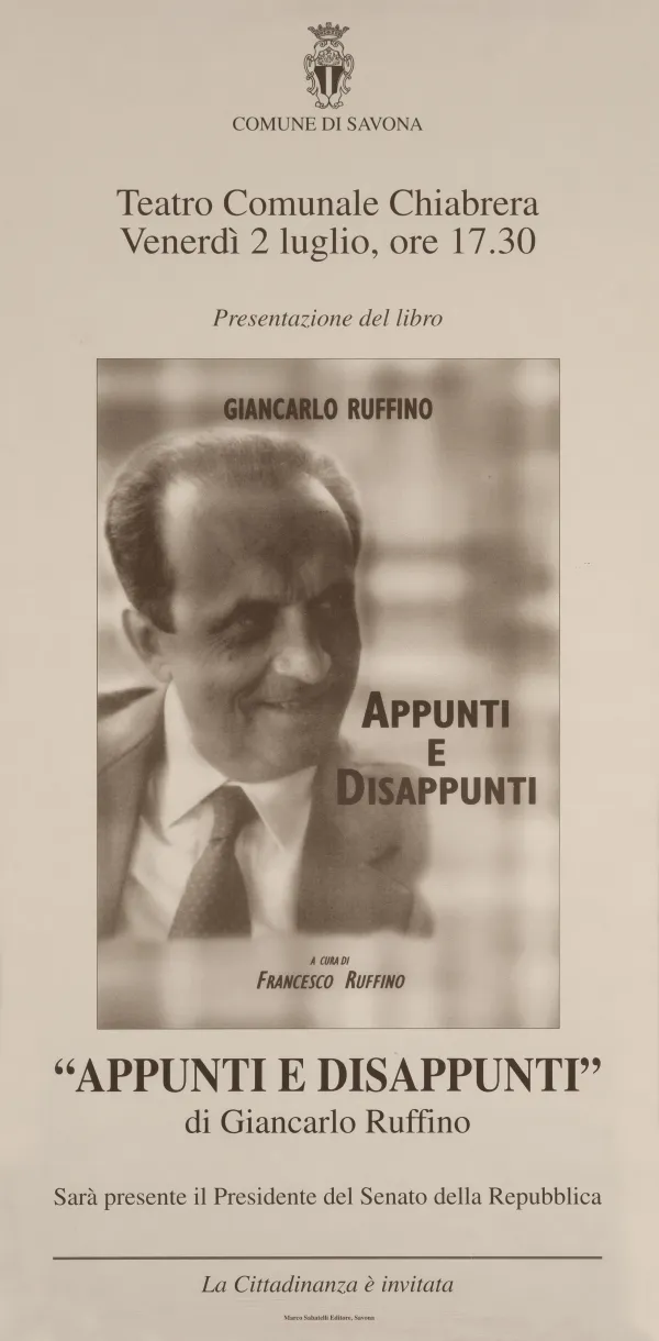 Manifesto del Comune di Savona: presentazione del libro «Appunti e Disappunti» al Teatro Comunale Chiabrera, venerdì 2 luglio, ore 17.30