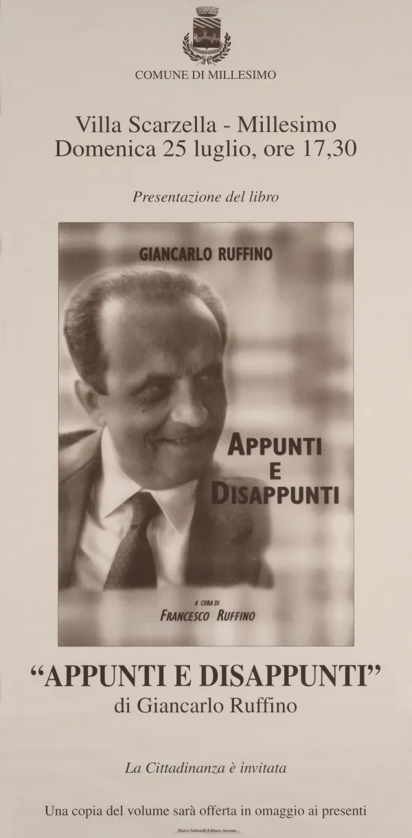 Manifesto del Comune di Millesimo: presentazione del libro «Appunti e Disappunti» a Villa Scarzella, domenica 25 luglio, ore 17,30